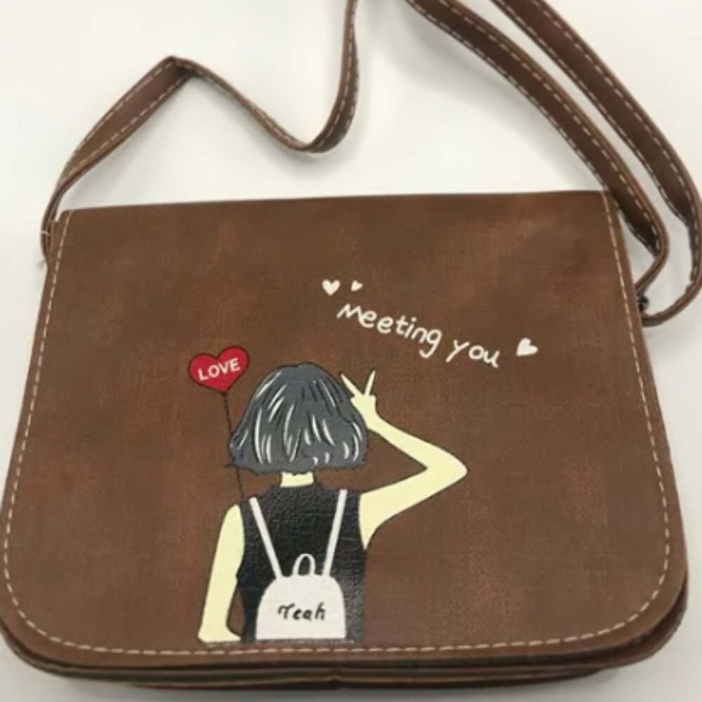 Women Bag BROWN COLOR Carton Printed Shoulder Crossbody Bag PU Square Mob
